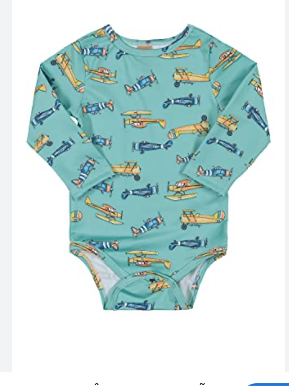 Baby Long-Sleeve Bodysuit with Airplane Print - Teal & Yellow 50 SPF